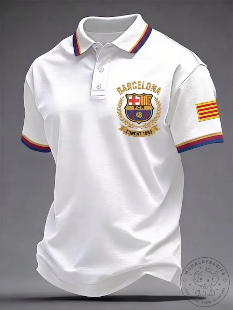 FC Barcelona Crest White Polo Shirt with Striped Collar and Cuffs 19 FC Barcelona Crest White Polo Shirt with Striped Collar and Cuffs