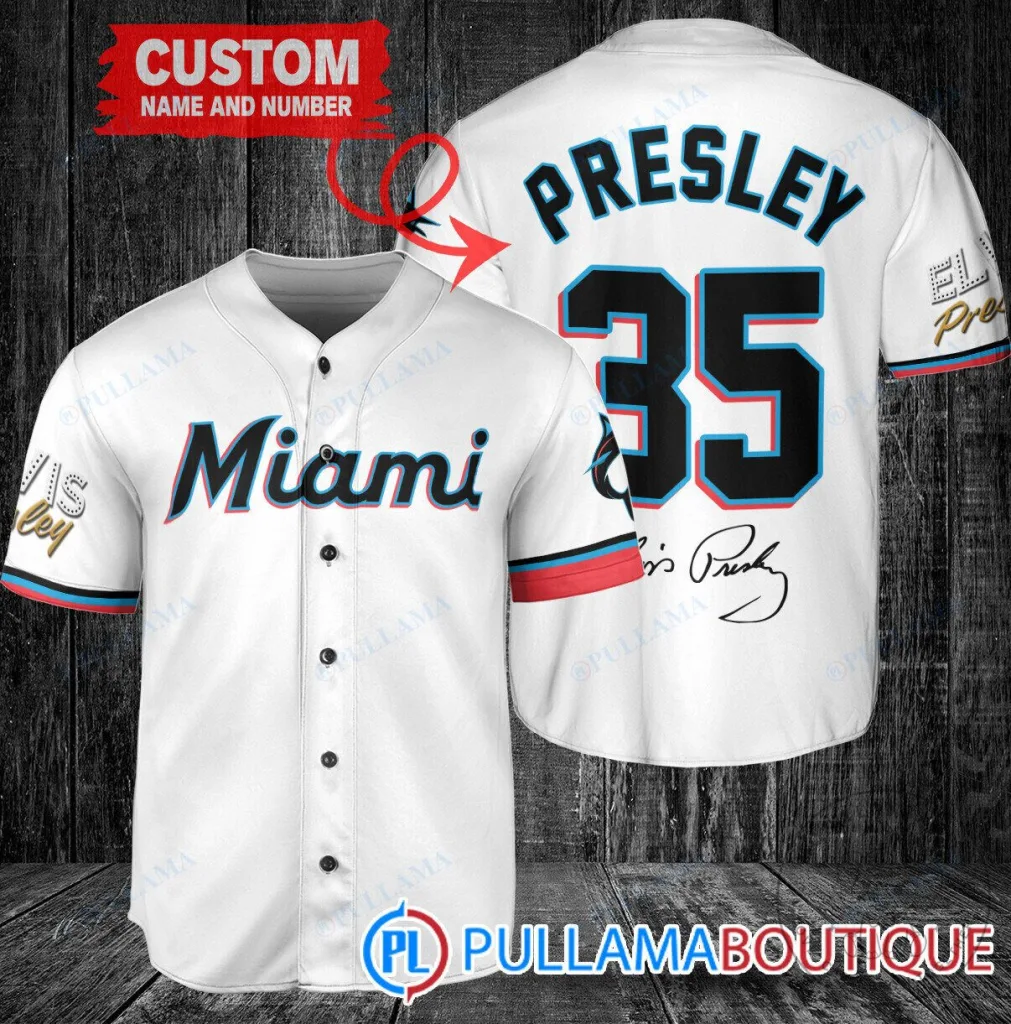 Miami Marlins Baseball Elvis Presley Personalized White Baseball Jersey 19 Miami Marlins Baseball Elvis Presley Personalized White Baseball Jersey