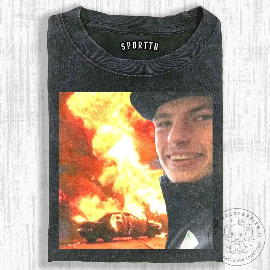 Max Verstappen Smiling Portrait with Burning Car Vintage Washed T-Shirt