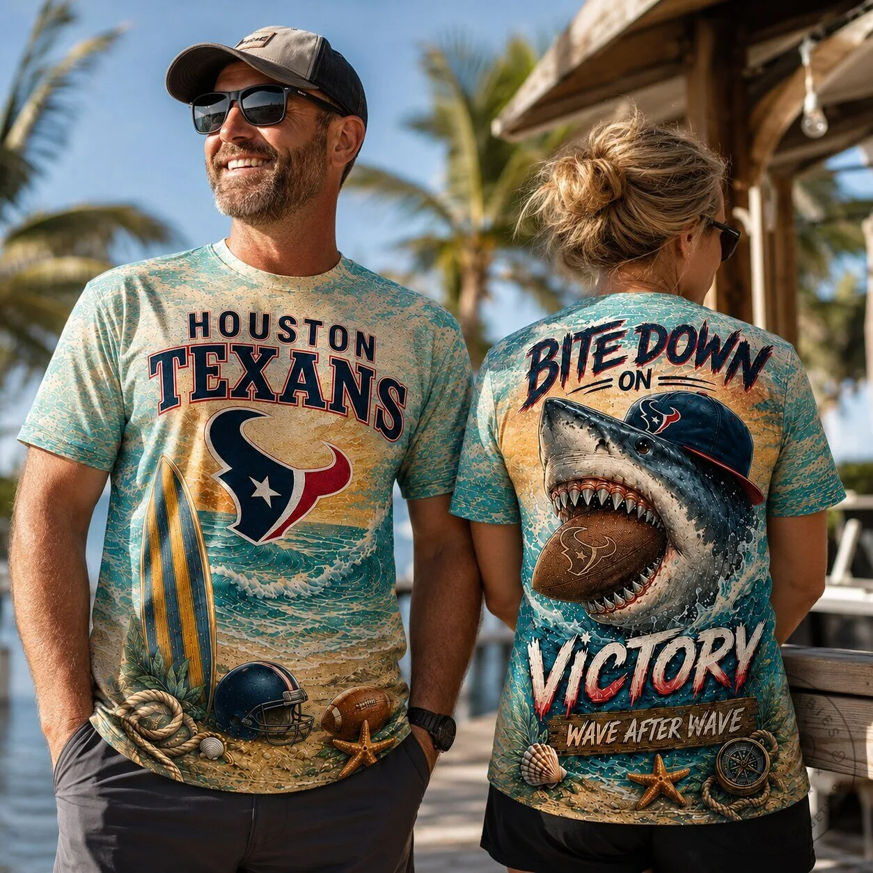 Houston Texans Football Tropical Ocean Shark Fan T-Shirt