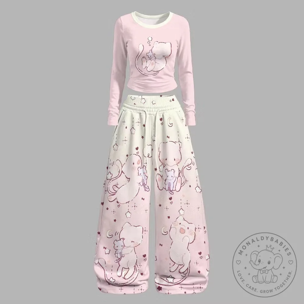 Cute Pink Mew Pokemon Long Sleeve Top and Wide Leg Pajama Pants Set