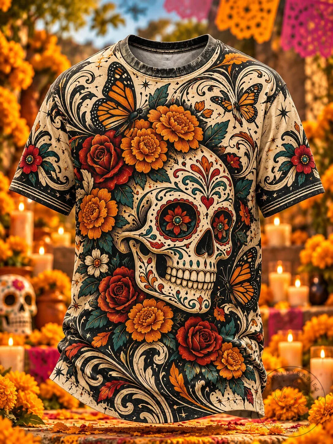 Day of the Dead Sugar Skull Floral Butterflies Cream T-Shirt