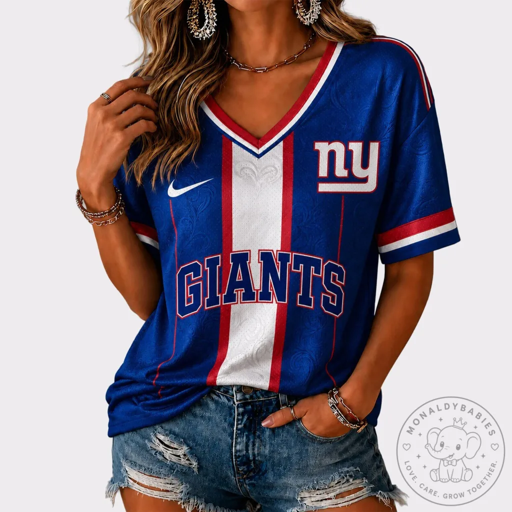 New York Giants NFL Football Team Blue V-Neck Short Sleeve Game Day Jersey