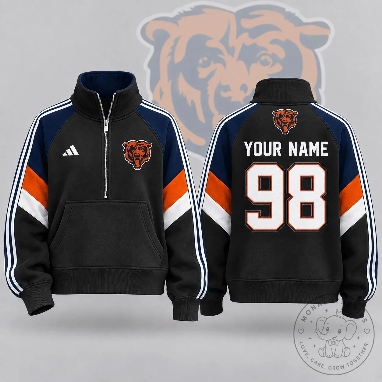 Chicago Bears NFL Team Crest Custom Name Number Half Zip Pullover Sweatshirt