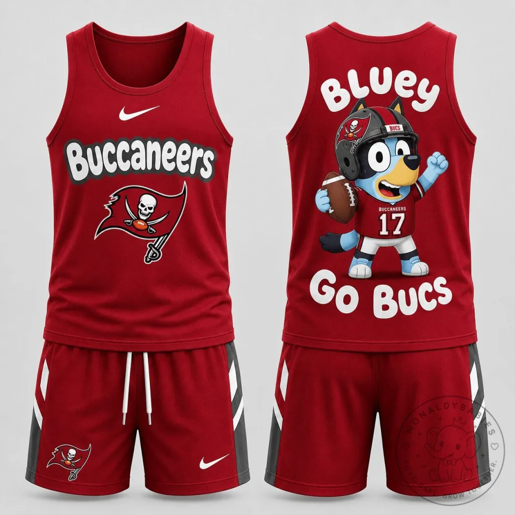 Tampa Bay Buccaneers Bluey Cartoon Character Football Fan Tank Top and Shorts Set Tampa Bay Buccaneers Bluey Cartoon Character Football Fan Tank Top and Shorts Set