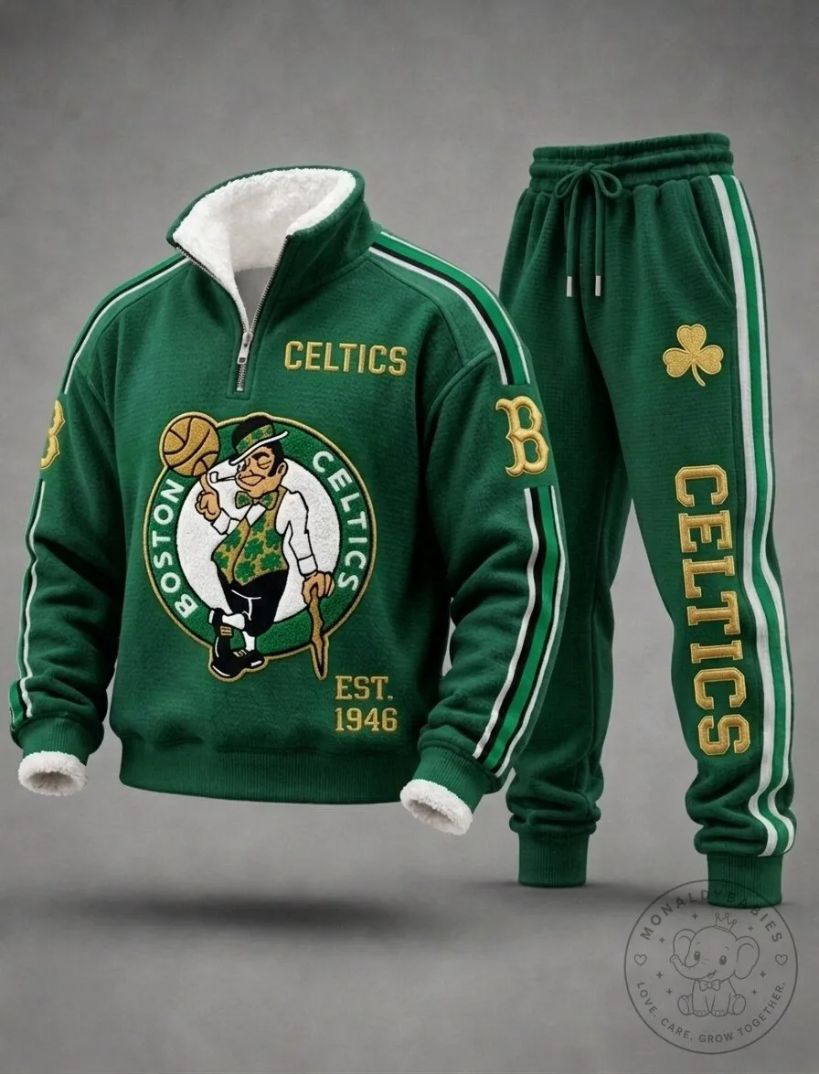 Boston Celtics Green Fleece Half-Zip Pullover and Sweatpants Tracksuit Set
