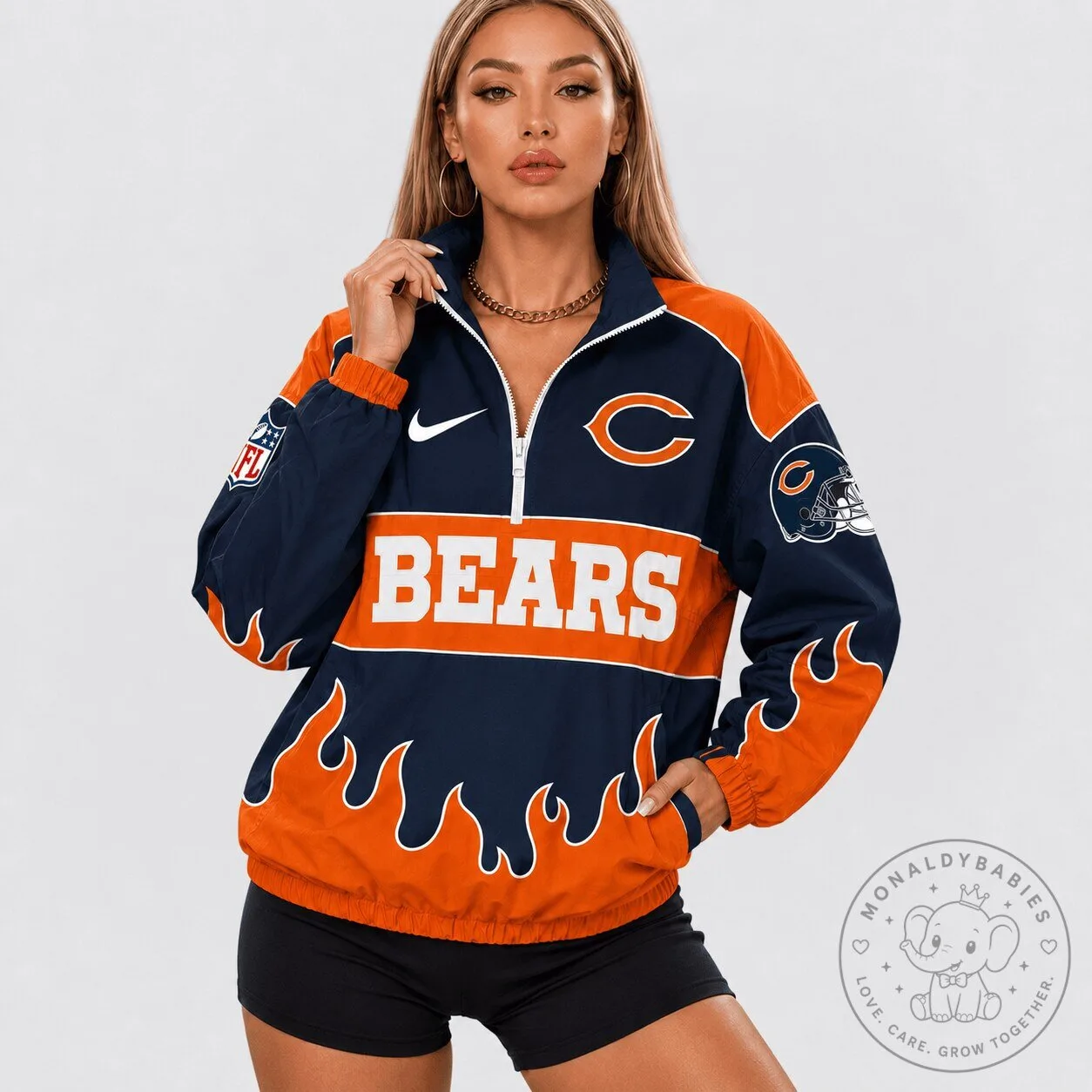 Chicago Bears NFL Football Team Flame Design Half-Zip Pullover Jacket