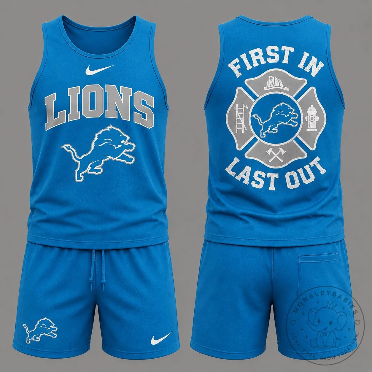 Detroit Lions First In Last Out Firefighter Blue Tank Top and Shorts Set