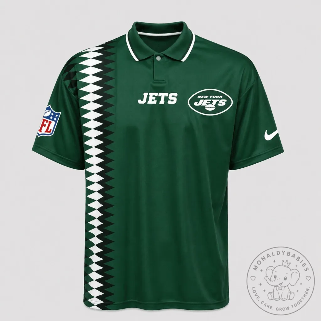 New York Jets NFL Football Team Green and White Patterned Polo Shirt New York Jets NFL Football Team Green and White Patterned Polo Shirt