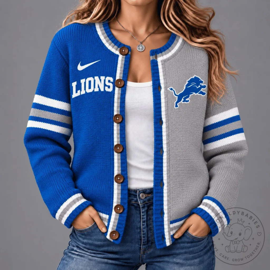 Detroit Lions Nike Inspired Blue and Gray Striped Knit Cardigan Sweater Detroit Lions Nike Inspired Blue and Gray Striped Knit Cardigan Sweater