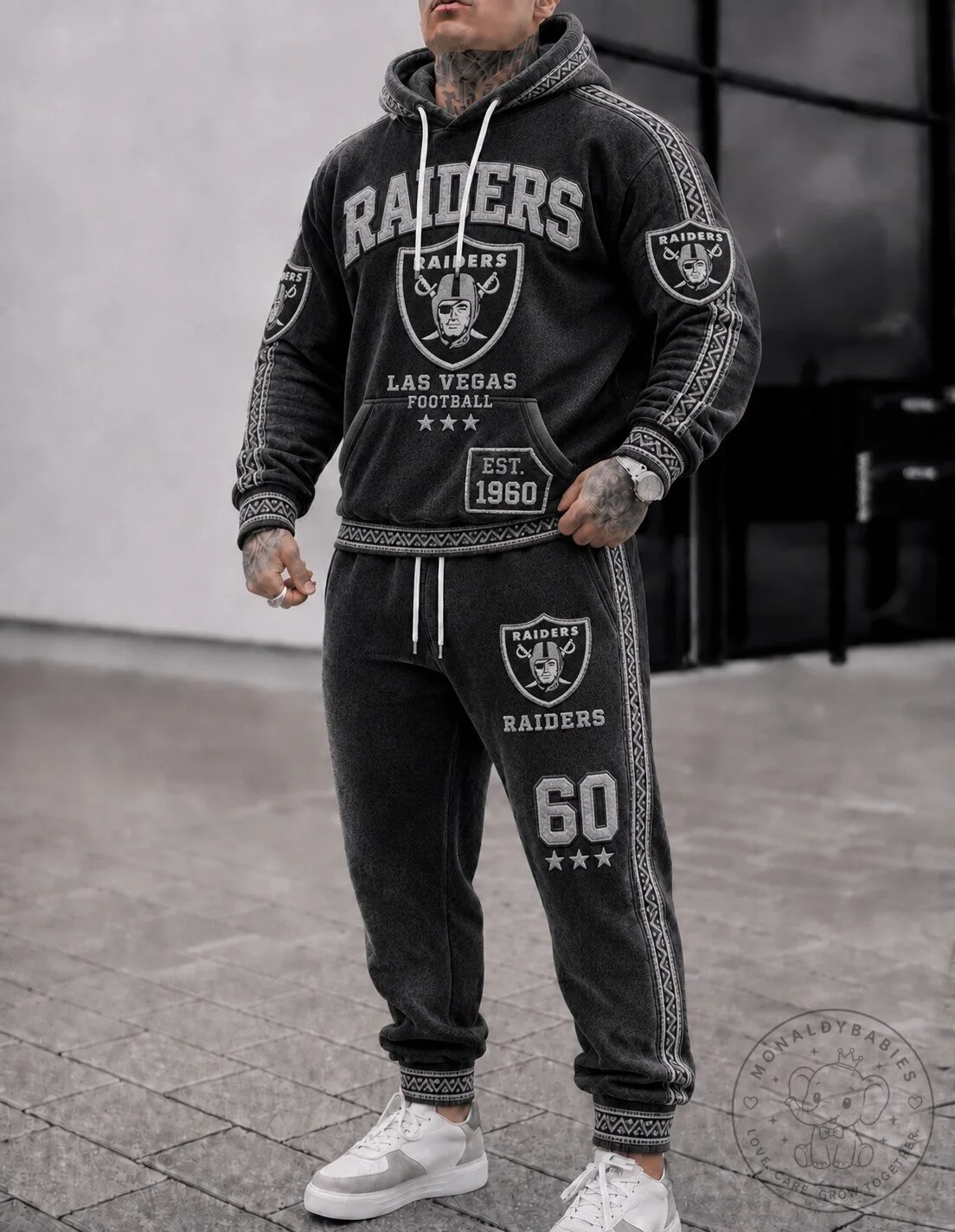 Las Vegas Raiders Football Team Vintage Washed Hoodie and Sweatpants Tracksuit Set