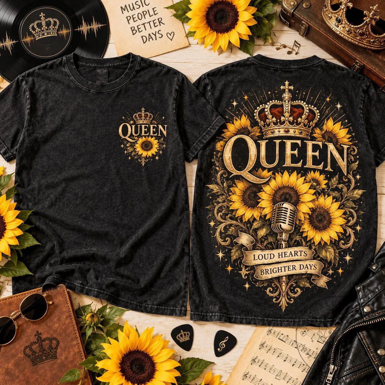 Queen Band Gold Crown Crest Sunflower Rock Music T-Shirt