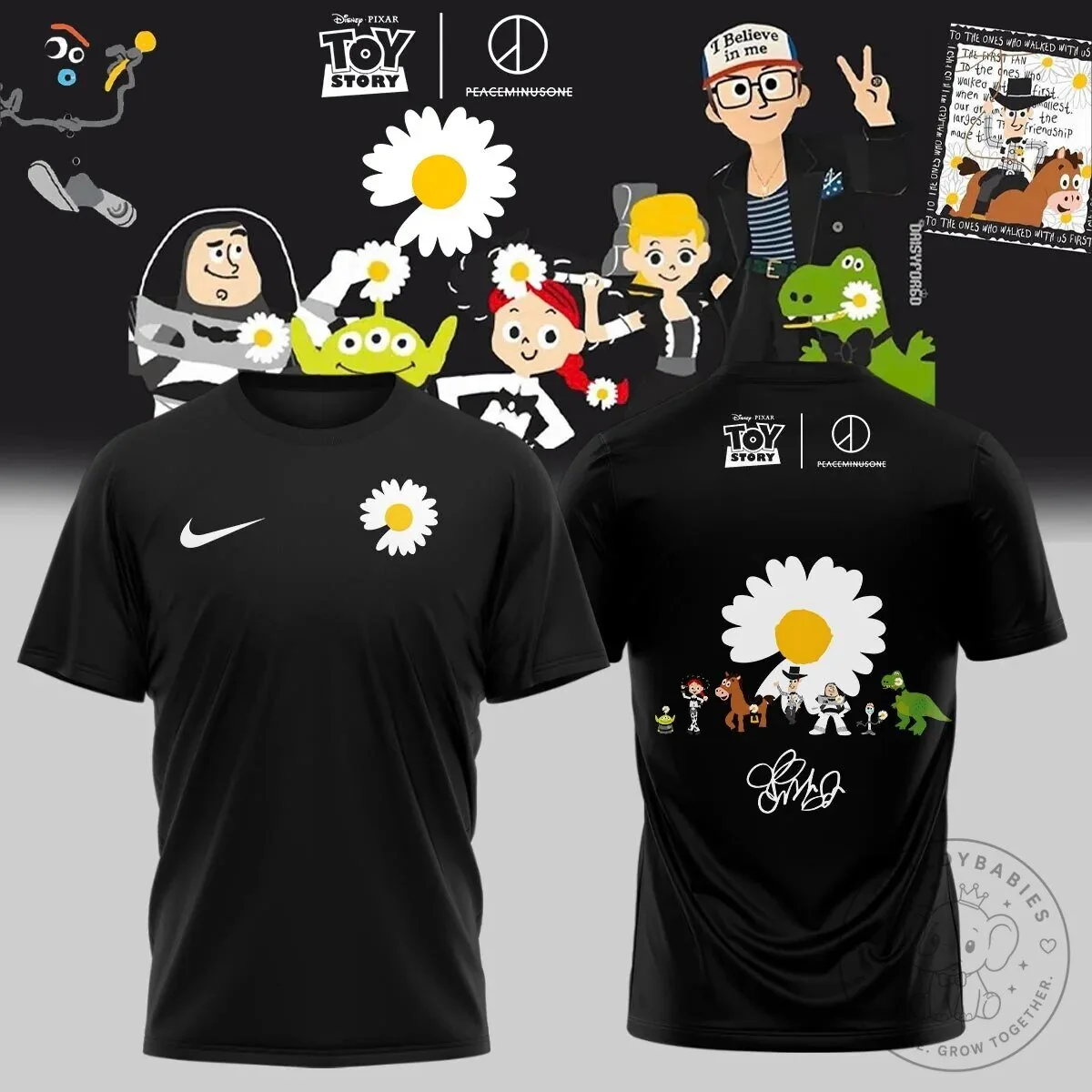 Graphic T-Shirt in Black featuring Daisy Flower by Peaceminusone from Toy Story