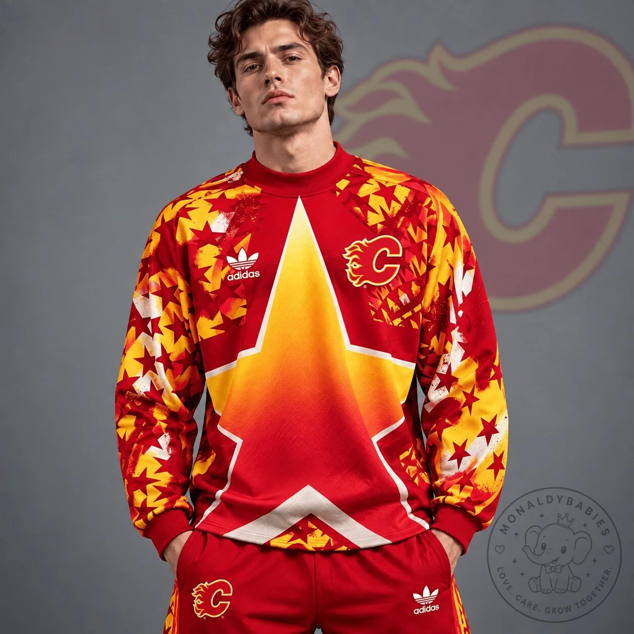 Calgary Flames Adidas Retro Starburst All Over Print Crewneck Sweatshirt