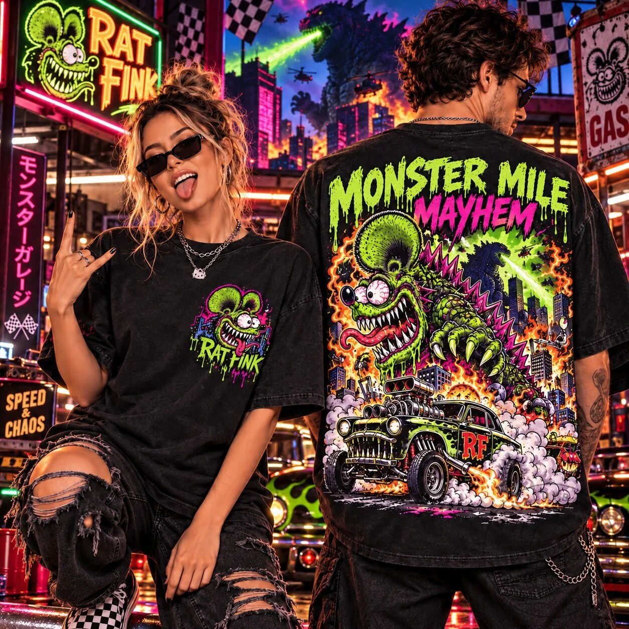 Rat Fink Monster Mile Mayhem Hot Rod Racing Kaiju Godzilla T-Shirt
