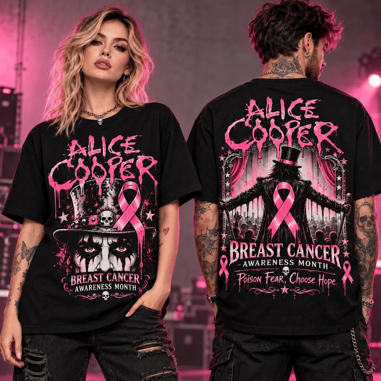 Alice Cooper Breast Cancer Awareness Month Pink Ribbon Black T-Shirt