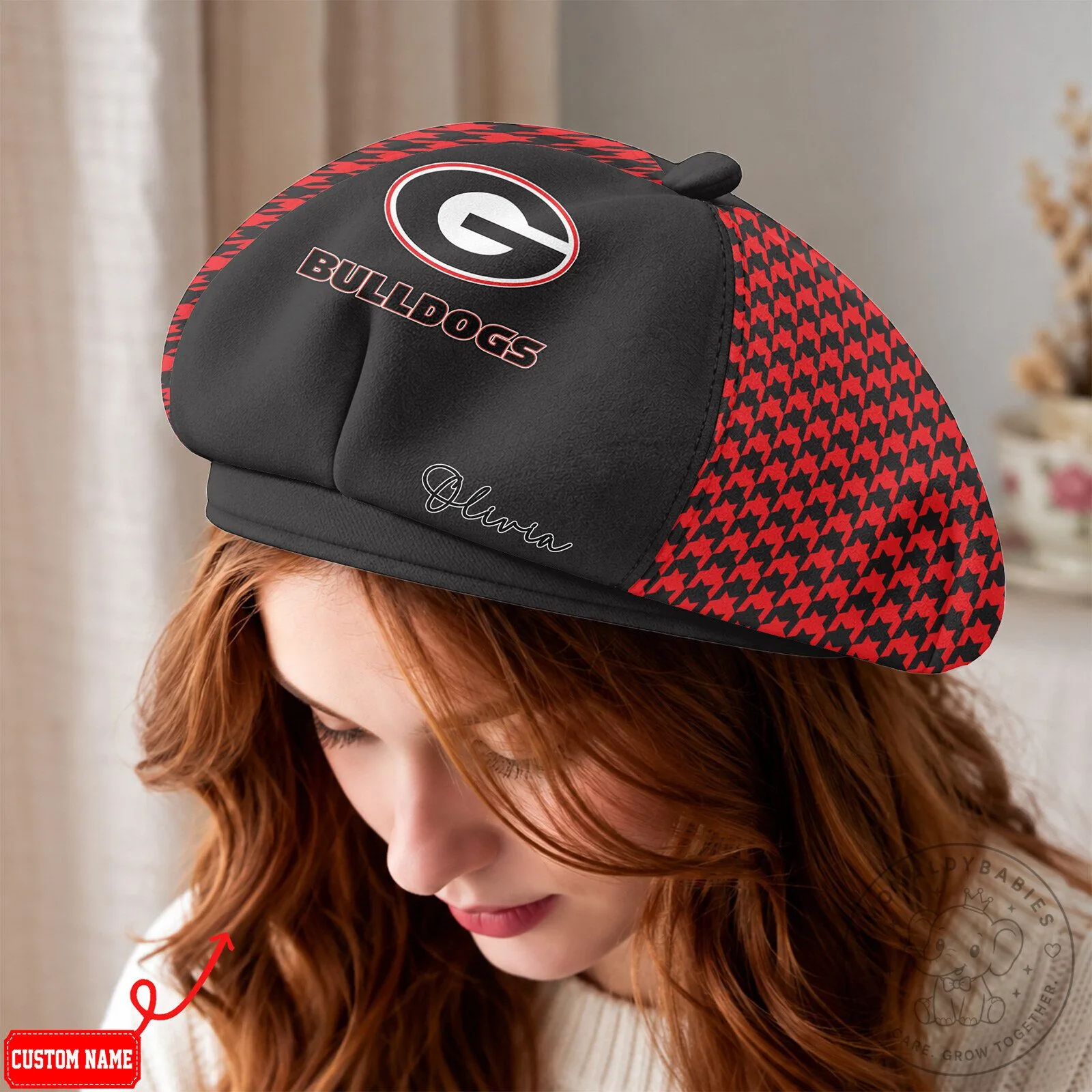 Georgia Bulldogs NCAA Houndstooth Pattern Custom Name Beret Hat