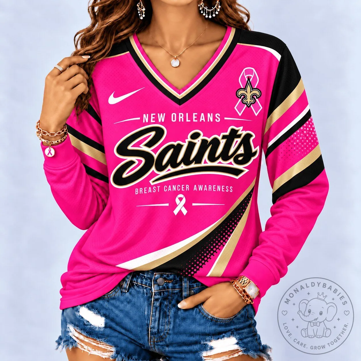New Orleans Saints Breast Cancer Awareness Pink Football Long-Sleeve Jersey
