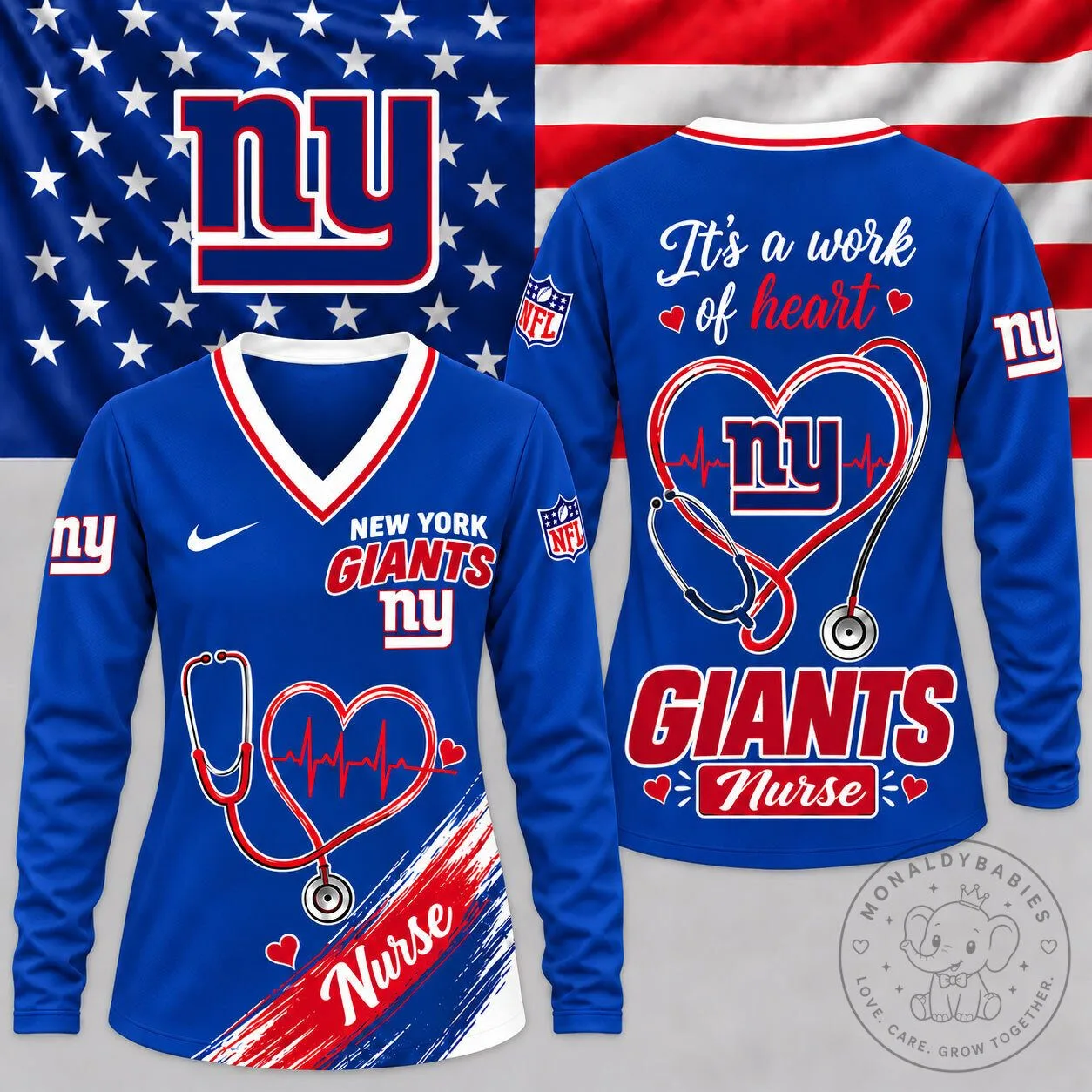 New York Giants Nurse Heartbeat V-Neck Long Sleeve Shirt