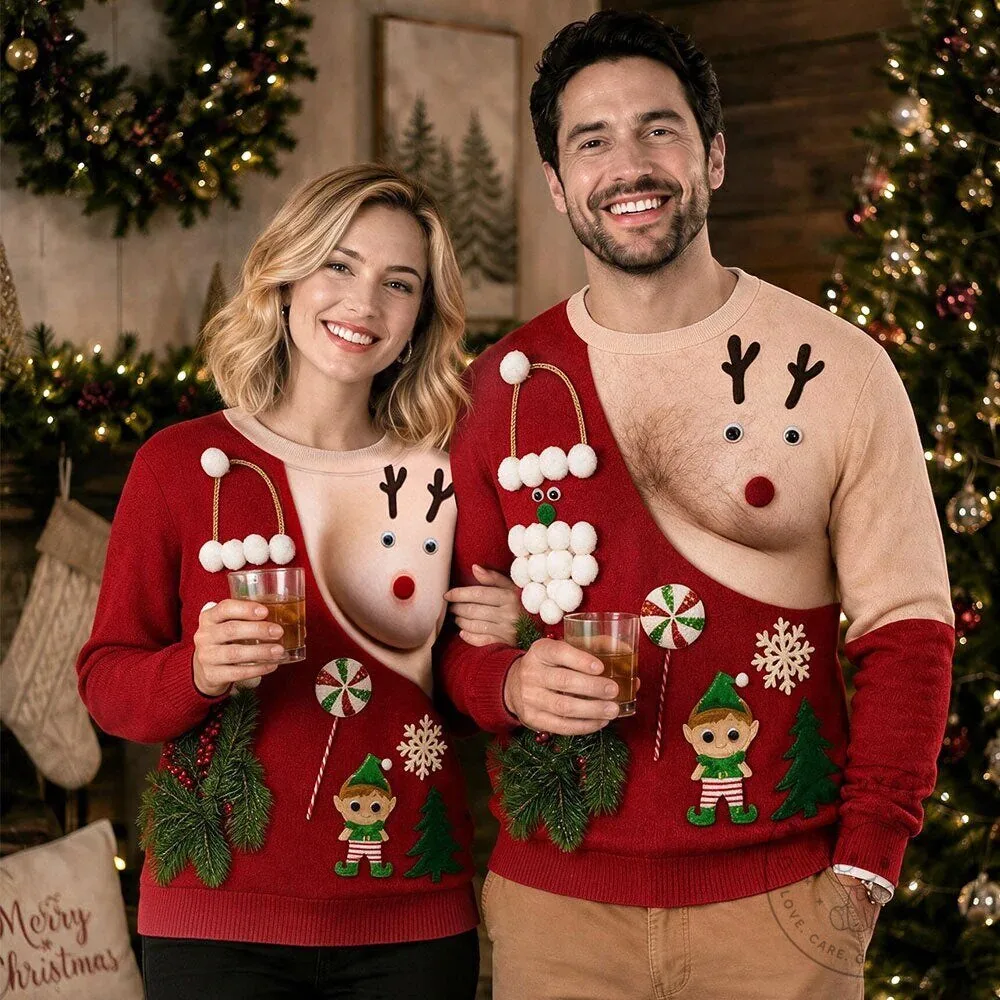 Funny Reindeer Nipple Christmas Ugly Sweater for Couples