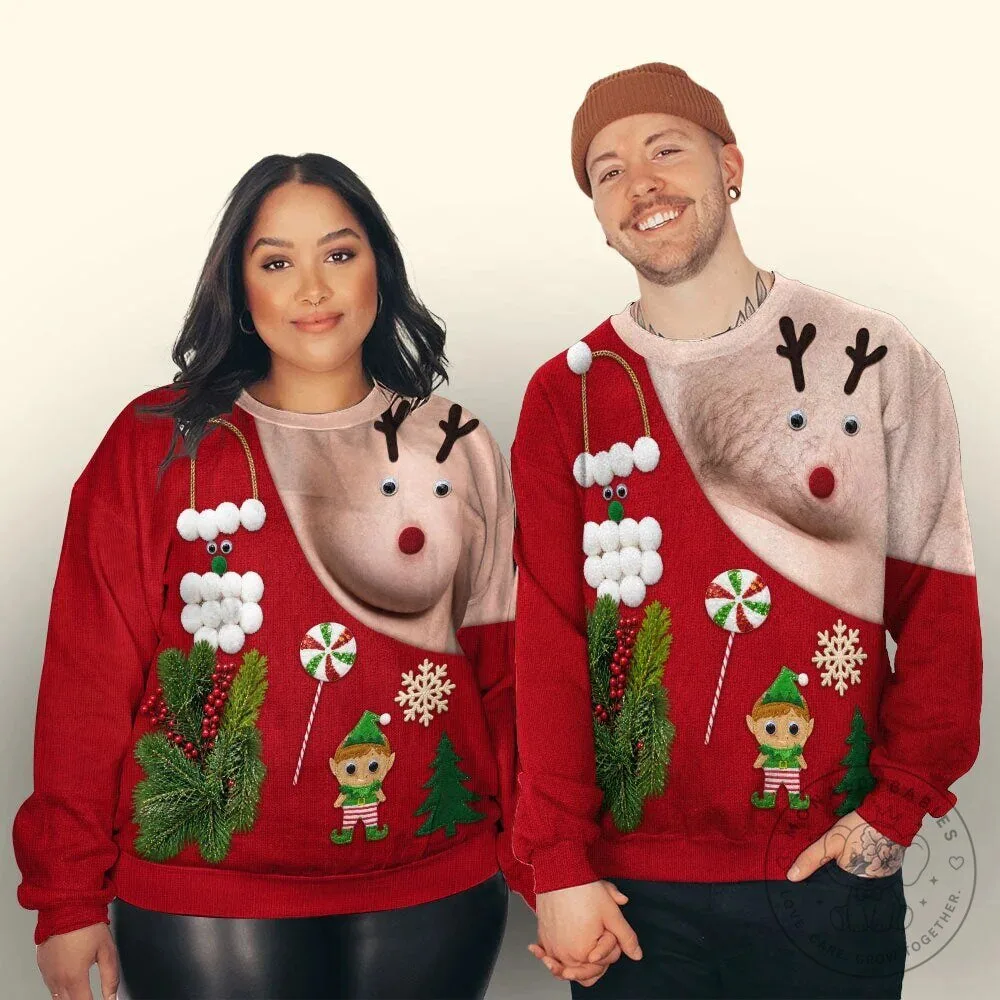Funny Reindeer Nipple Christmas Ugly Sweater for Couples 19 Funny Reindeer Nipple Christmas Ugly Sweater for Couples