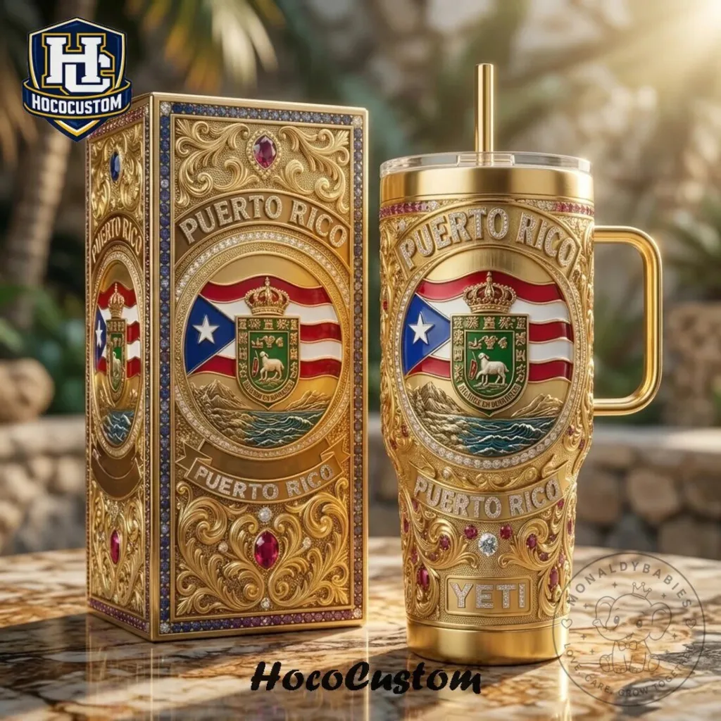 Puerto Rico Flag Gold Gemstone YETI 26 oz Tumbler with Handle 32 Puerto Rico Flag Gold Gemstone YETI 26 oz Tumbler with Handle