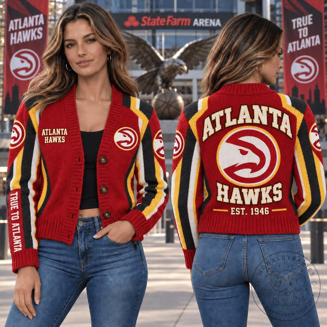 Atlanta Hawks NBA Basketball Team Logo Red Cardigan Jacket 1 Atlanta Hawks NBA Basketball Team Logo Red Cardigan Jacket