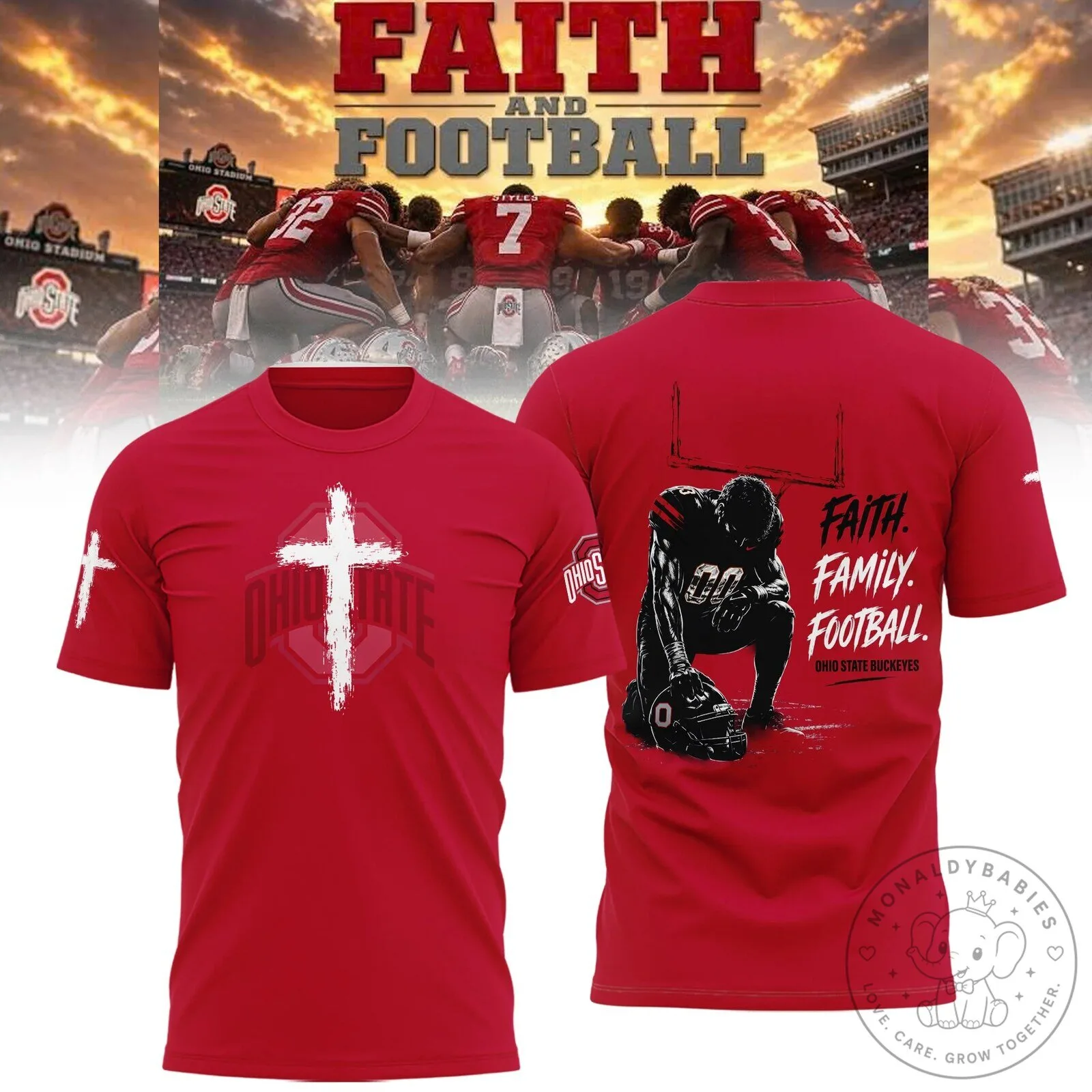 Buckeyes Fan T-Shirt Featuring Faith, Family, and Ohio State Football Pride