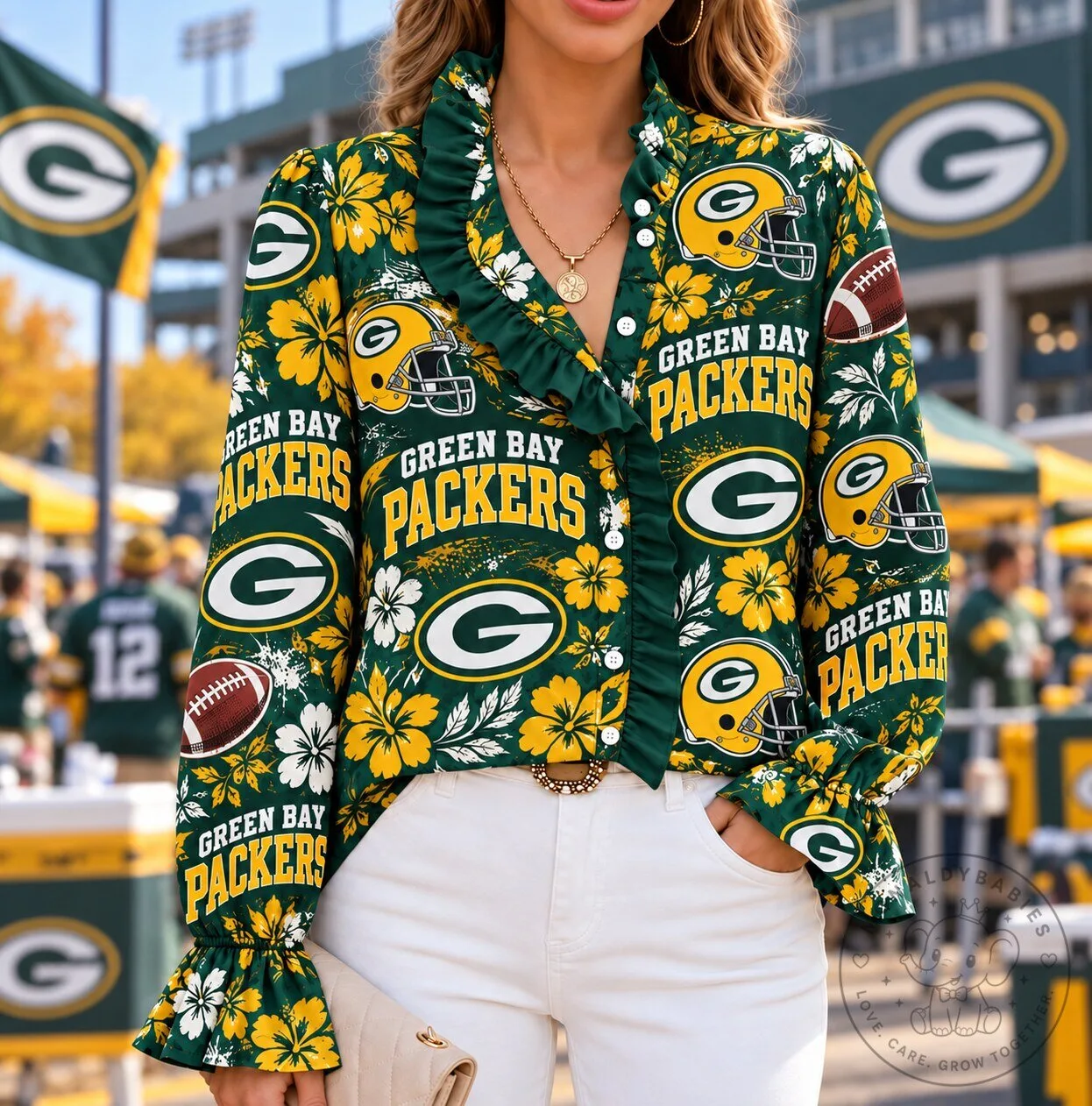 Green Bay Packers Football Team Tropical Floral Ruffle Long-Sleeve Blouse