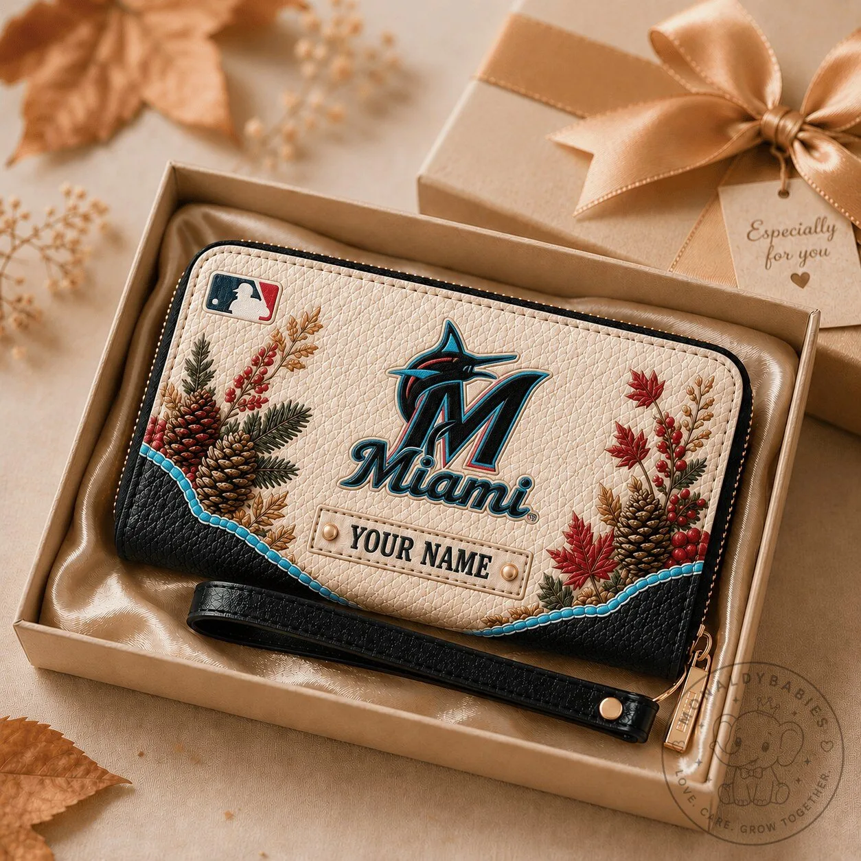 Miami Marlins Baseball Autumn Style Custom Name Wallet for Women