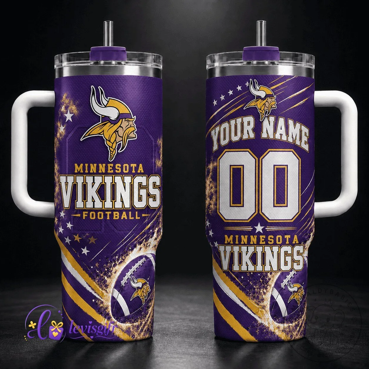 Minnesota Vikings Football Team Personalized Stainless Steel Tumbler with Handle