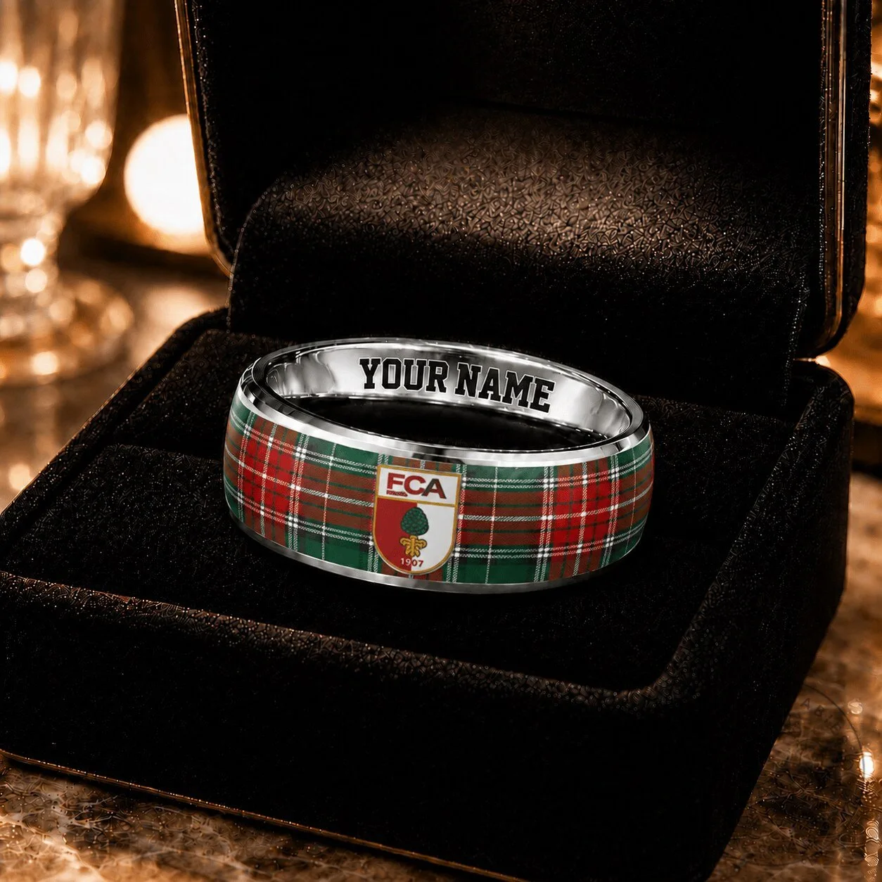 FC Augsburg Bundesliga Tartan Pattern Custom Name Ring