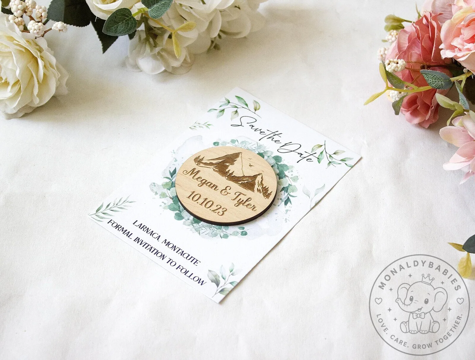 Personalized Mountain Wedding Save The Date Magnet with Botanical Design
