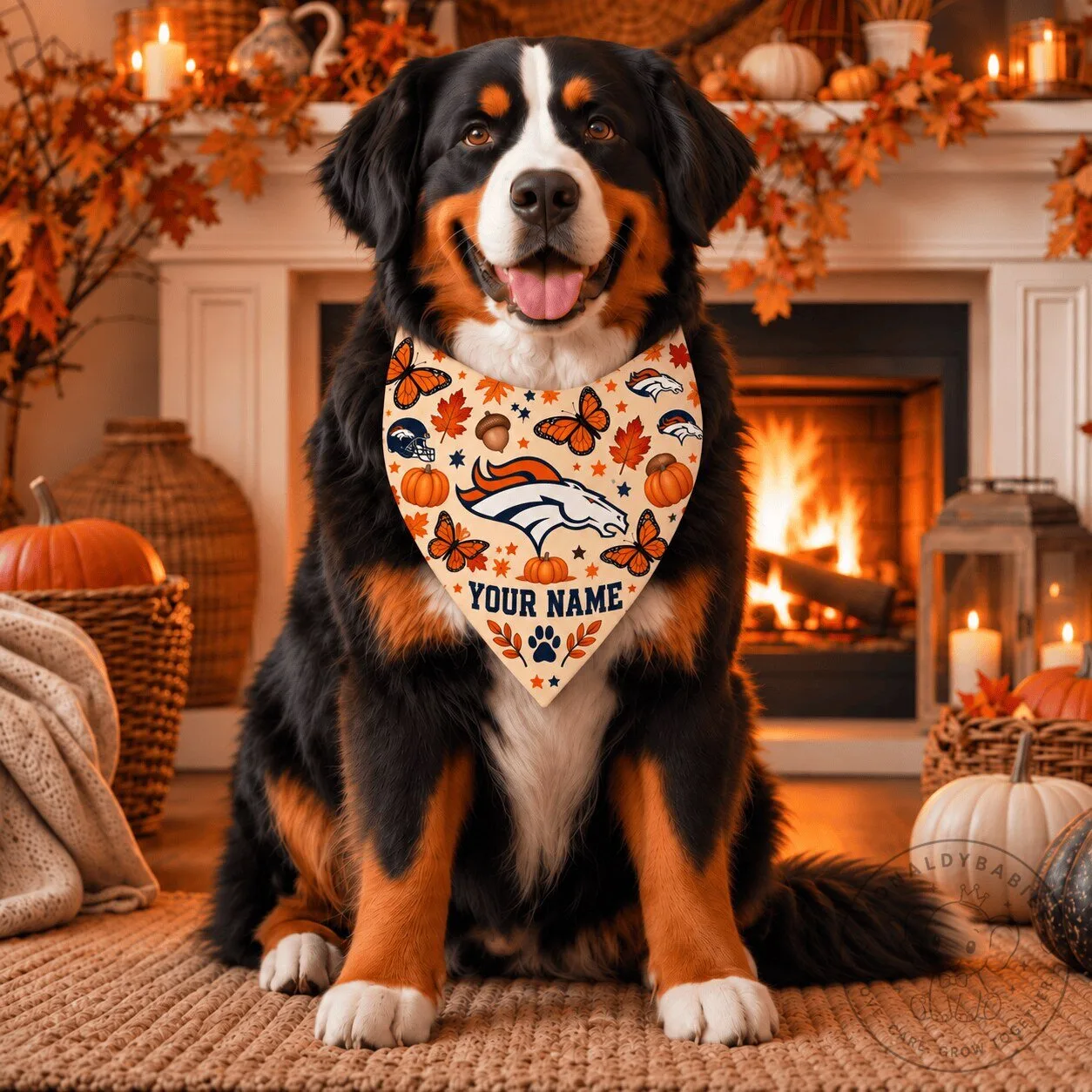 Denver Broncos Personalized Pet Bandana Autumn Leaves Butterflies