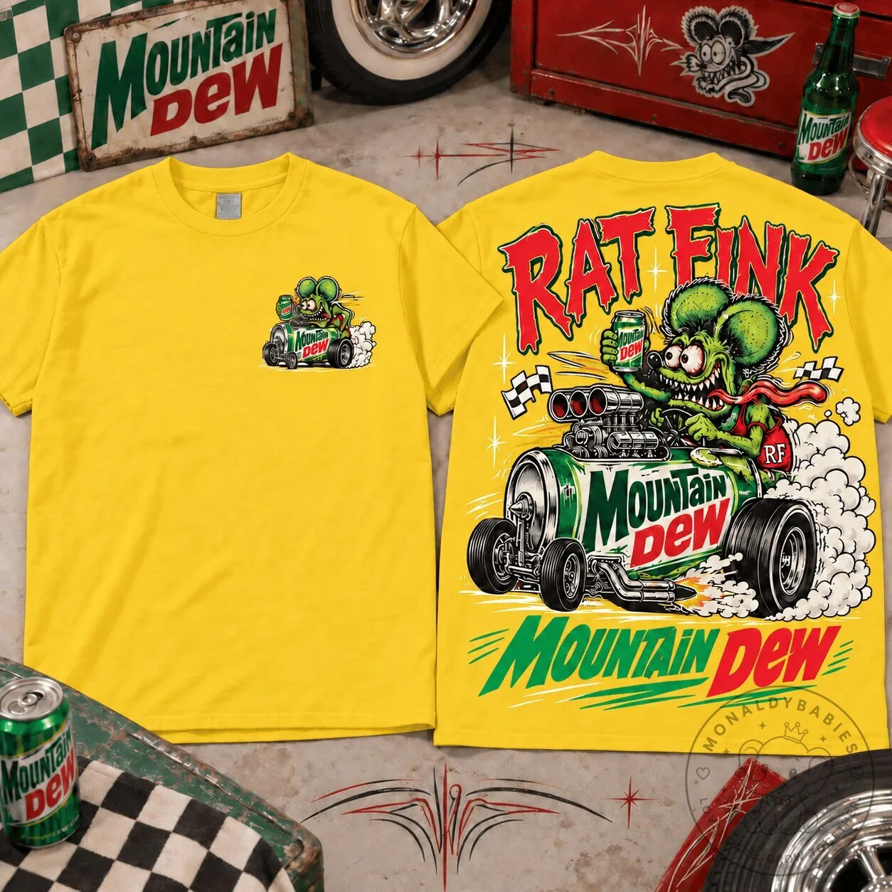 Mountain Dew Rat Fink Hot Rod Yellow Graphic T-Shirt for Kustom Kulture Fans