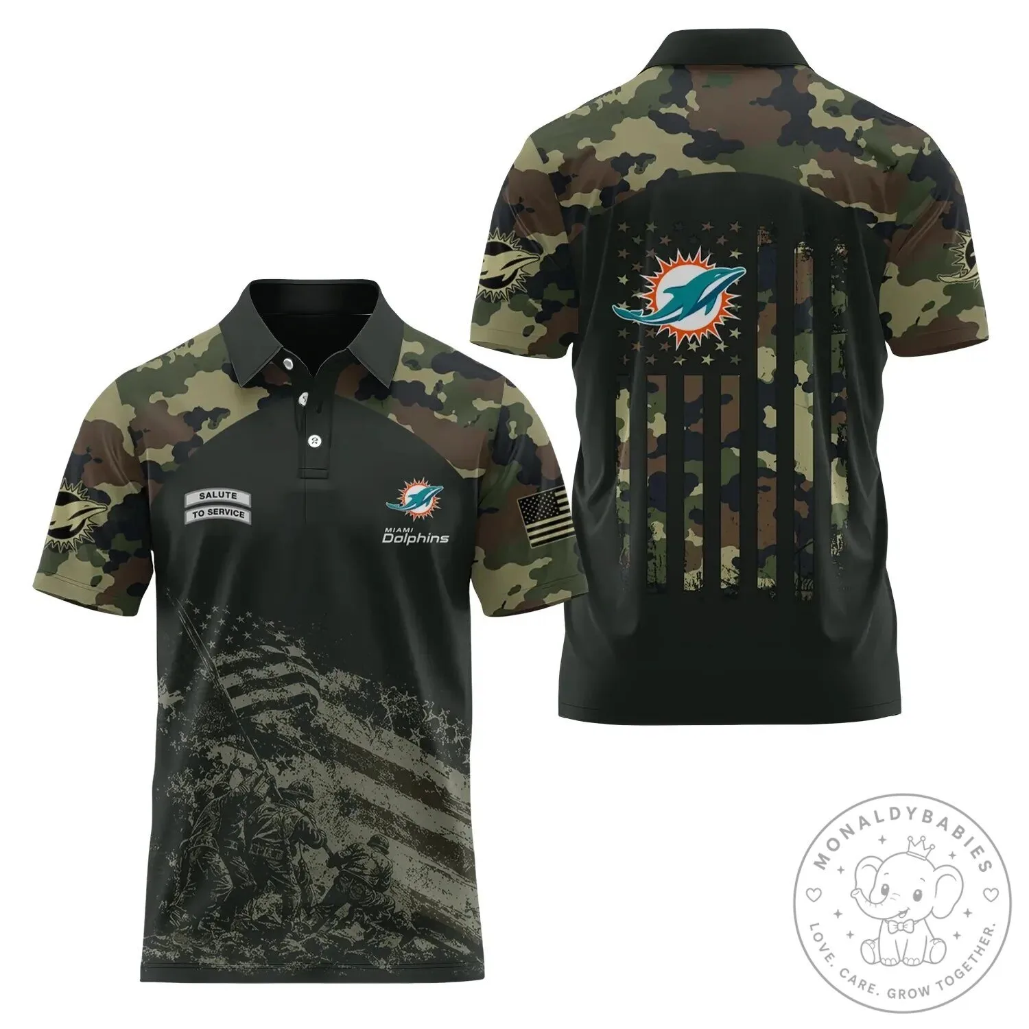 Miami Dolphins Salute To Service Camouflage American Flag Polo Shirt