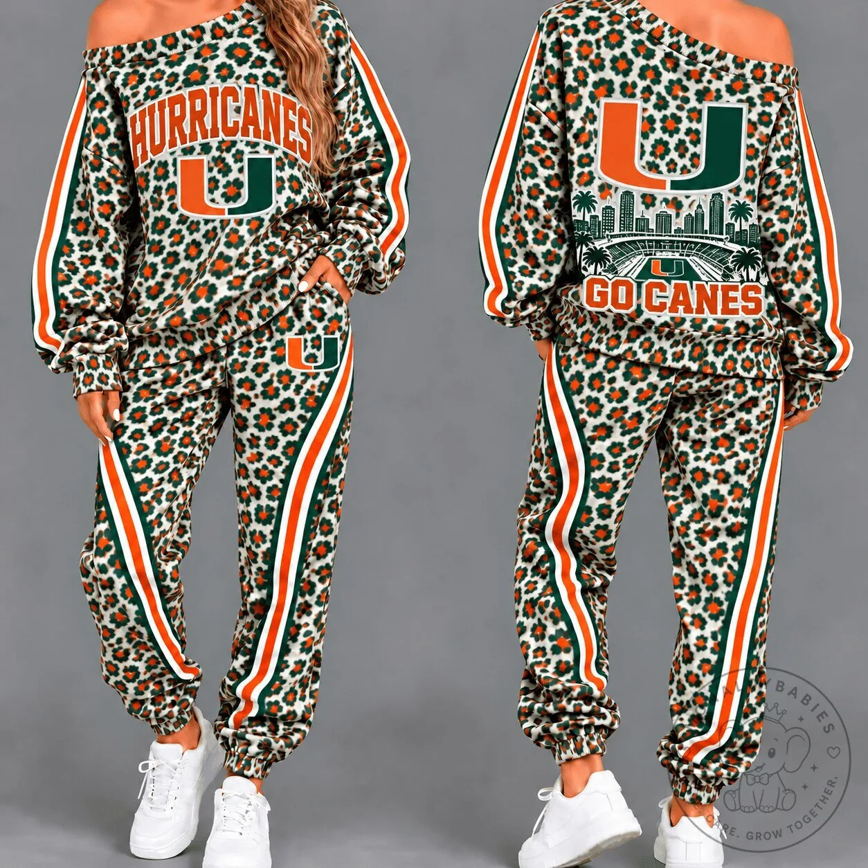 Miami Hurricanes Women's Leopard Print Tracksuit Set with Off Shoulder Top 1 Miami Hurricanes Women's Leopard Print Tracksuit Set with Off Shoulder Top
