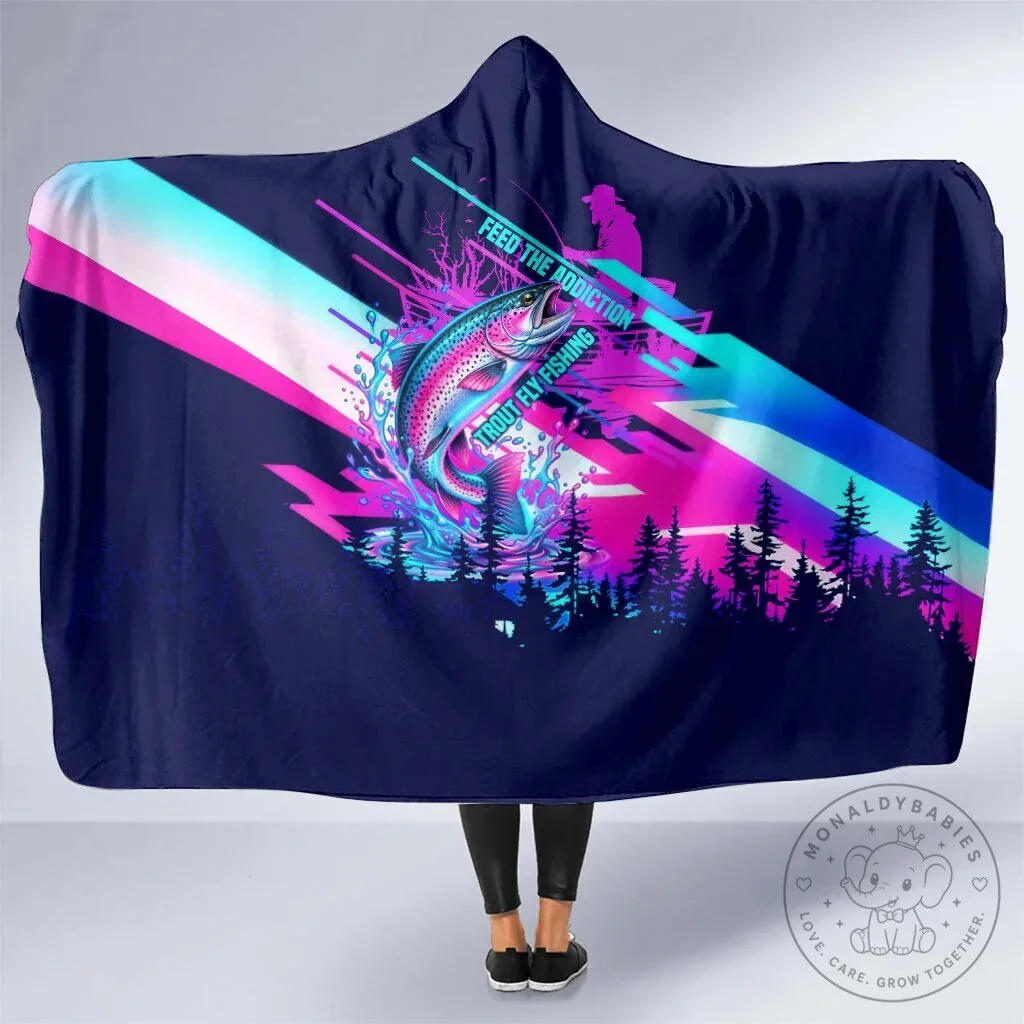 Trout Fly Fishing Born To Cast Hooded Blanket Vibrant Neon Cyberpunk Abstract Rainbow Trout