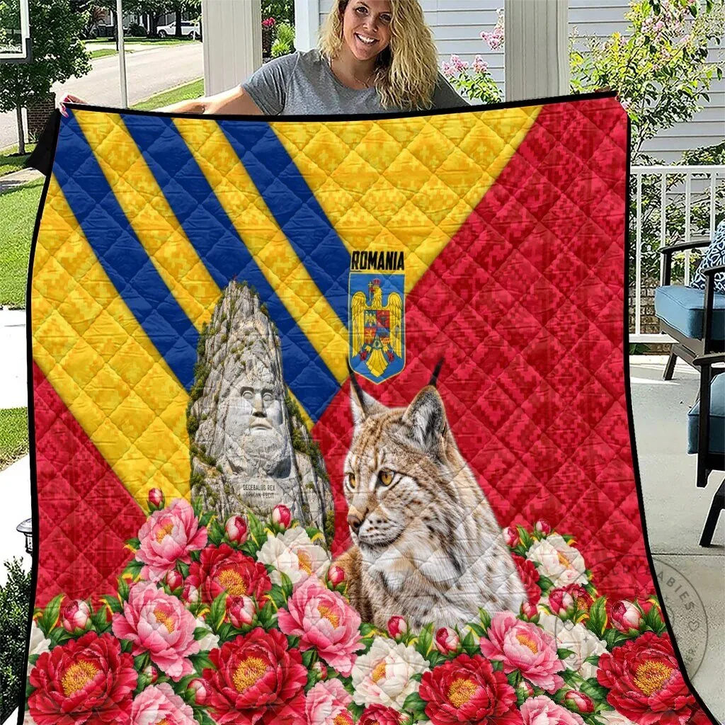Romania Lynx and Decebalus Rex Quilt with Traditional Folk Pattern and Peony Floral Motifs