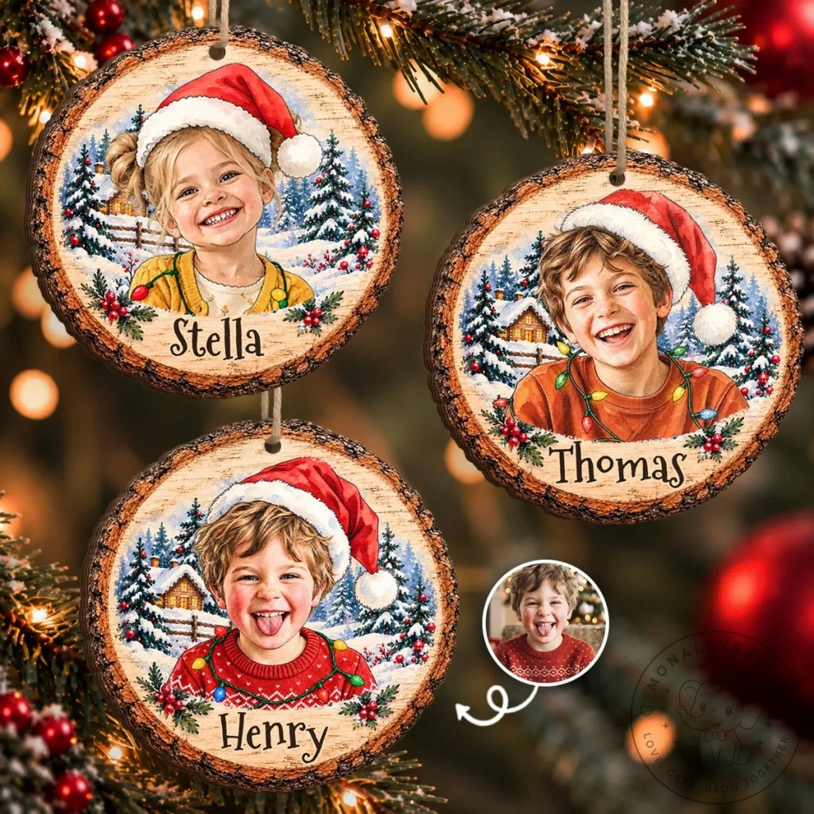 Personalized Christmas Photo Wooden Ornament with Custom Child Face and Name
