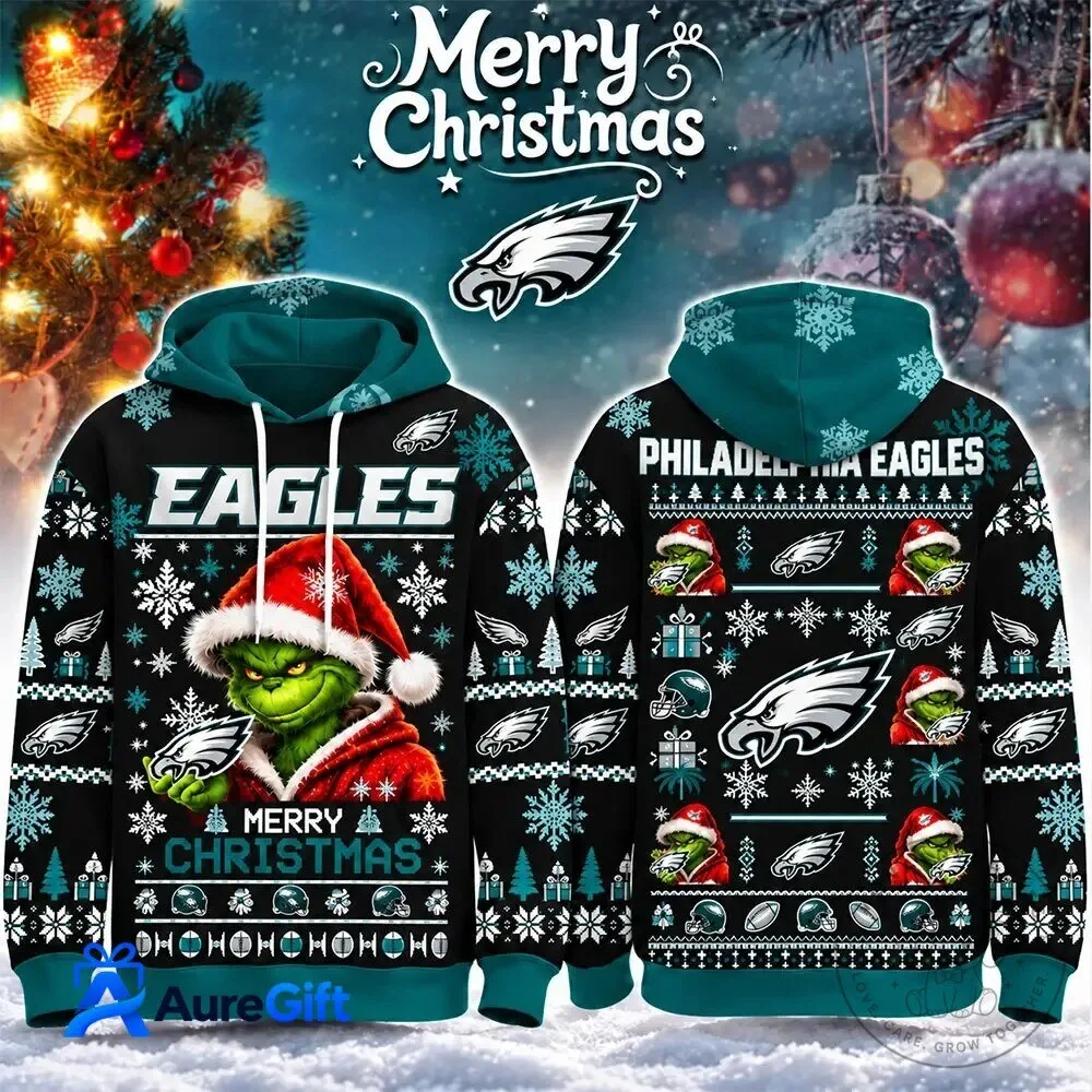 Ugly Sweater Hoodie for Christmas Featuring Philadelphia Eagles Grinch Design