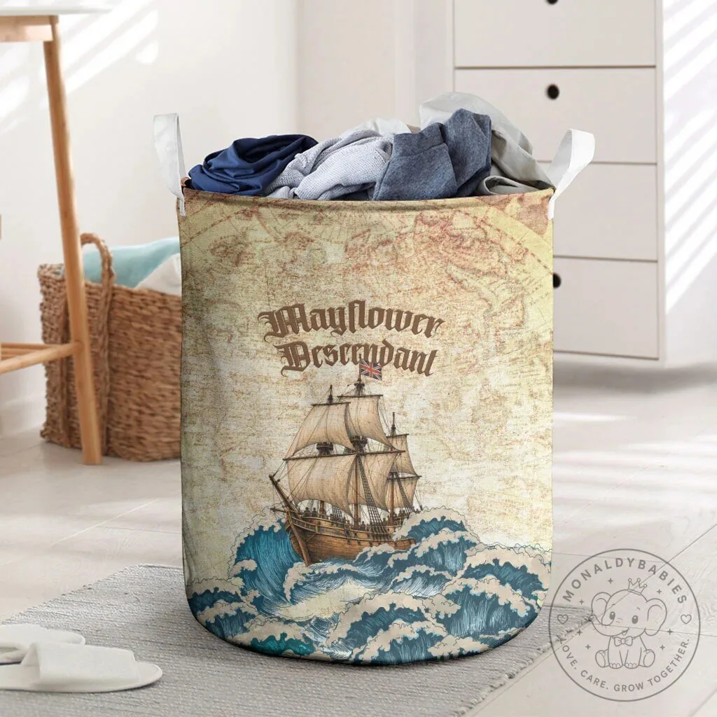 Mayflower Descendant Ship Vintage Nautical Map Ocean Waves Laundry Basket