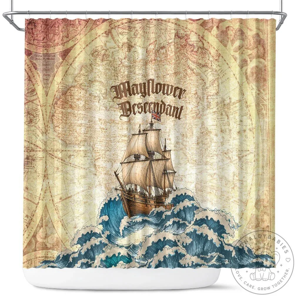 Mayflower Descendant Ship Vintage Nautical Map Ocean Waves Shower Curtain