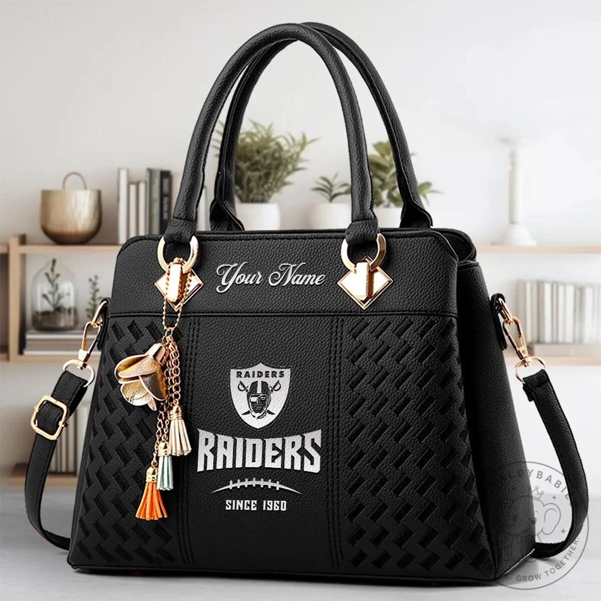 Las Vegas Raiders Personalized Black Leather Handbag with Tassel Charm