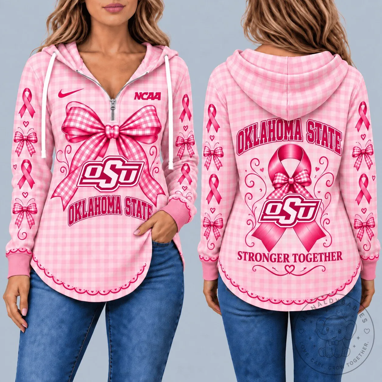 Oklahoma State Cowboys Breast Cancer Awareness Pink Gingham Hoodie