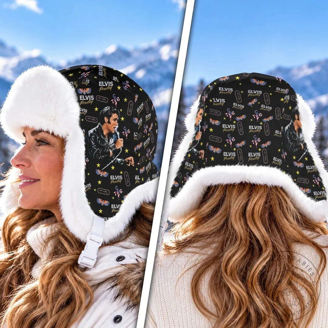 Elvis Presley Black Pattern Winter Trapper Hat with Faux Fur Trim 1 Elvis Presley Black Pattern Winter Trapper Hat with Faux Fur Trim