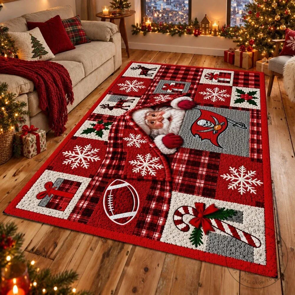 Tampa Bay Buccaneers Christmas Santa Claus Snowflake Plaid Holiday Area Rug