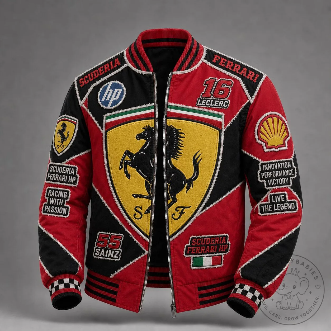 Scuderia Ferrari Racing Team Black and Red Patchwork Bomber Jacket