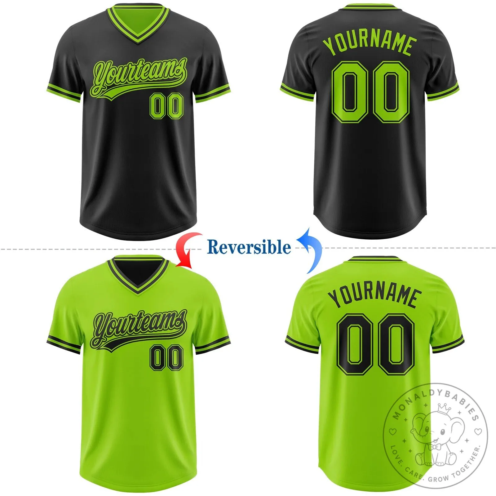 Custom Black Neon Green Reversible V-Neck Baseball Jersey Shirt 12 Custom Black Neon Green Reversible V-Neck Baseball Jersey Shirt