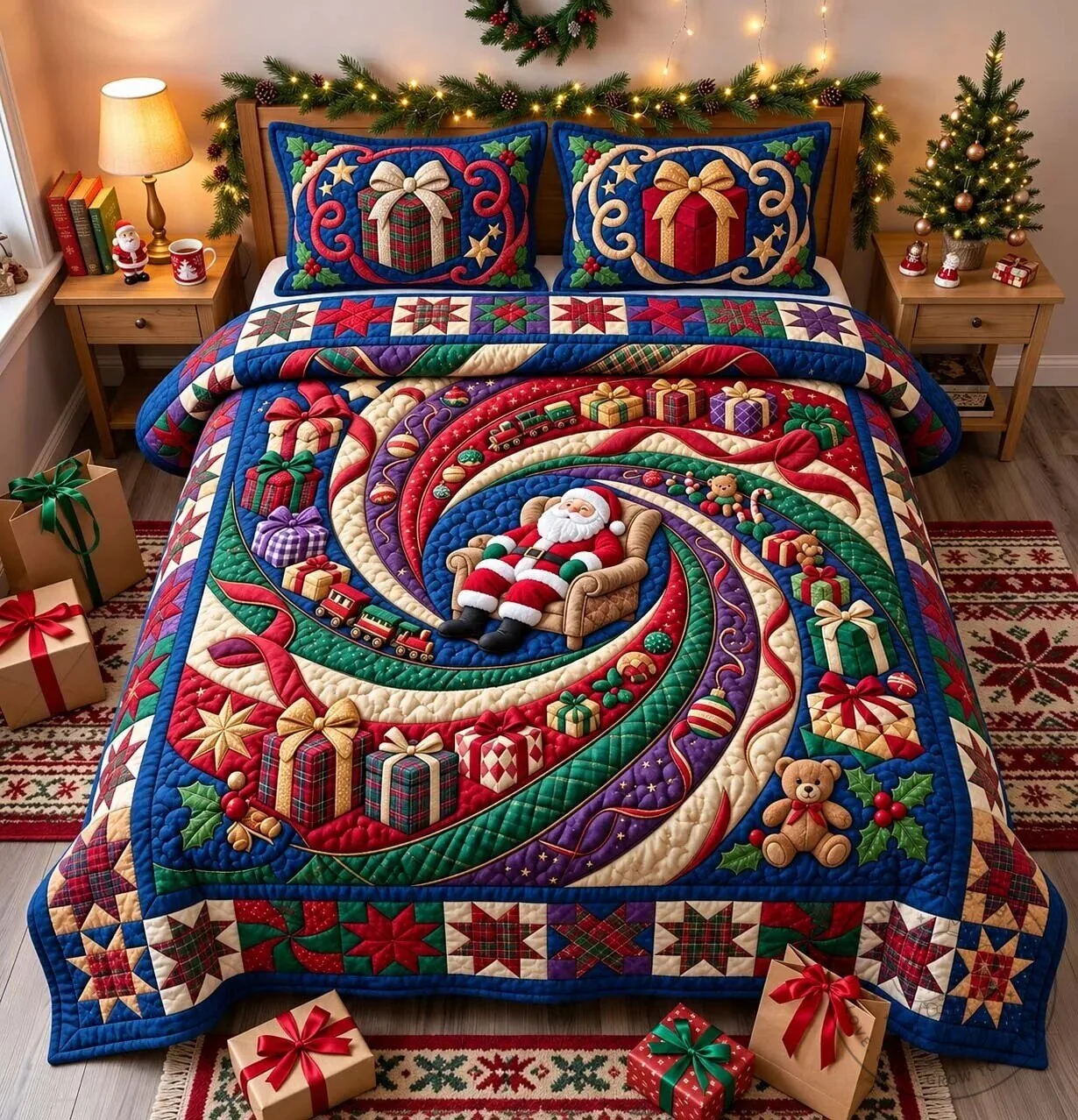 Christmas Santa Claus Gift Whirl Quilted Bedding Set with Pillow Shams